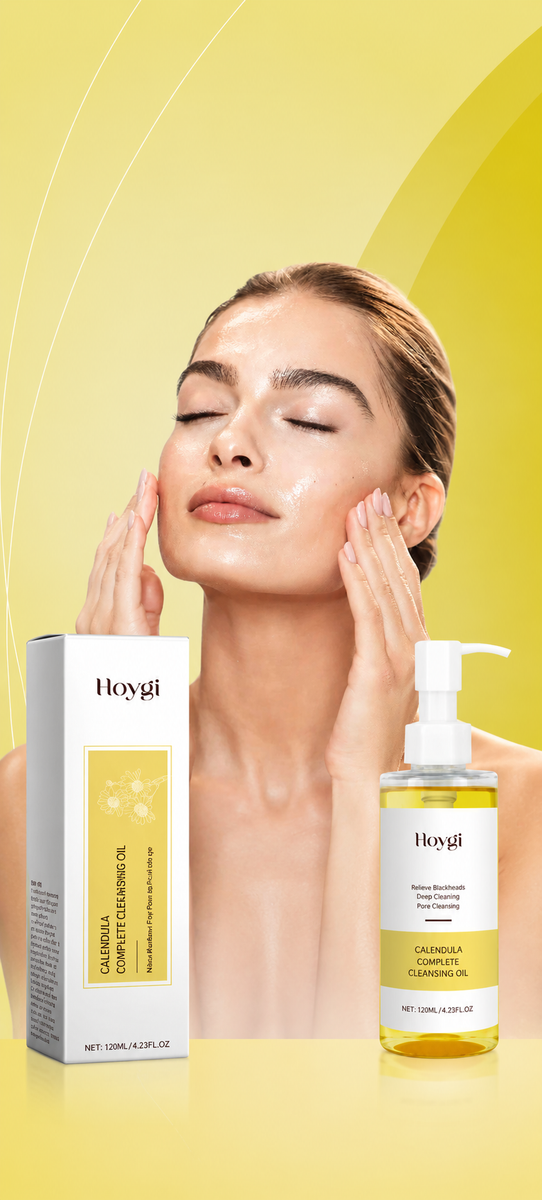 A woman with closed eyes and hands on her face is shown beside a bottle and box of Hoygi Calming Facial Emollient Oil against a yellow background.